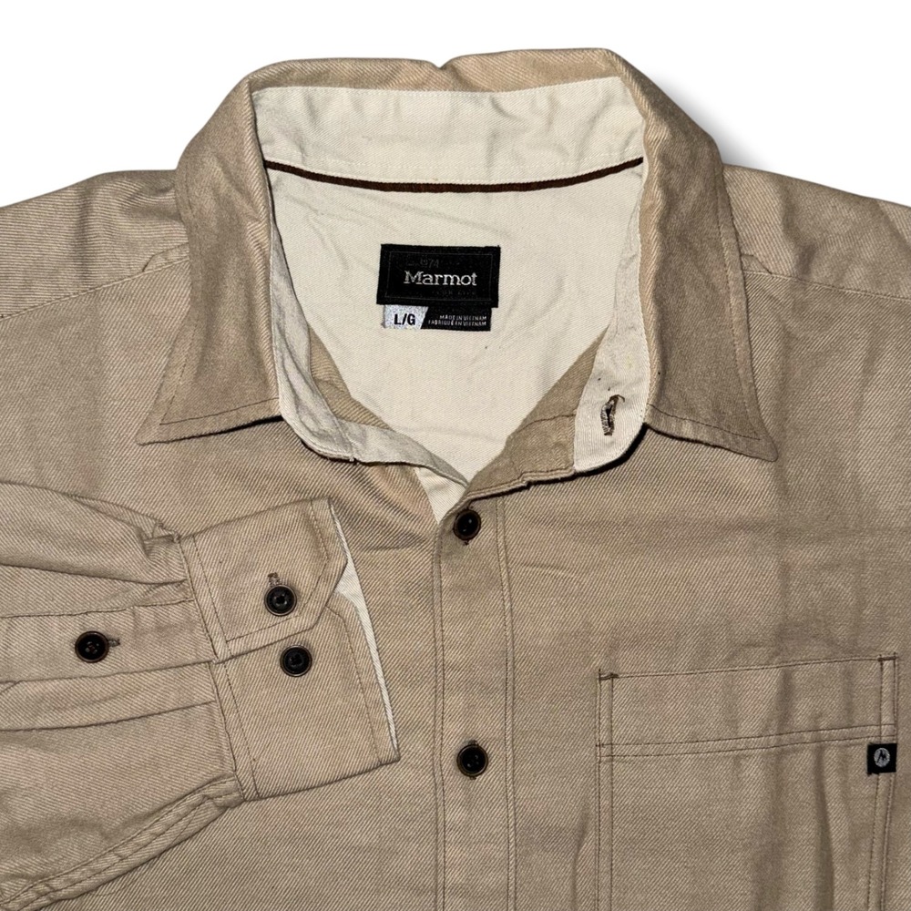 Marmot Mens Large Long Sleeve Button Down Shirt Tan Khaki Cotton Twill Outdoor